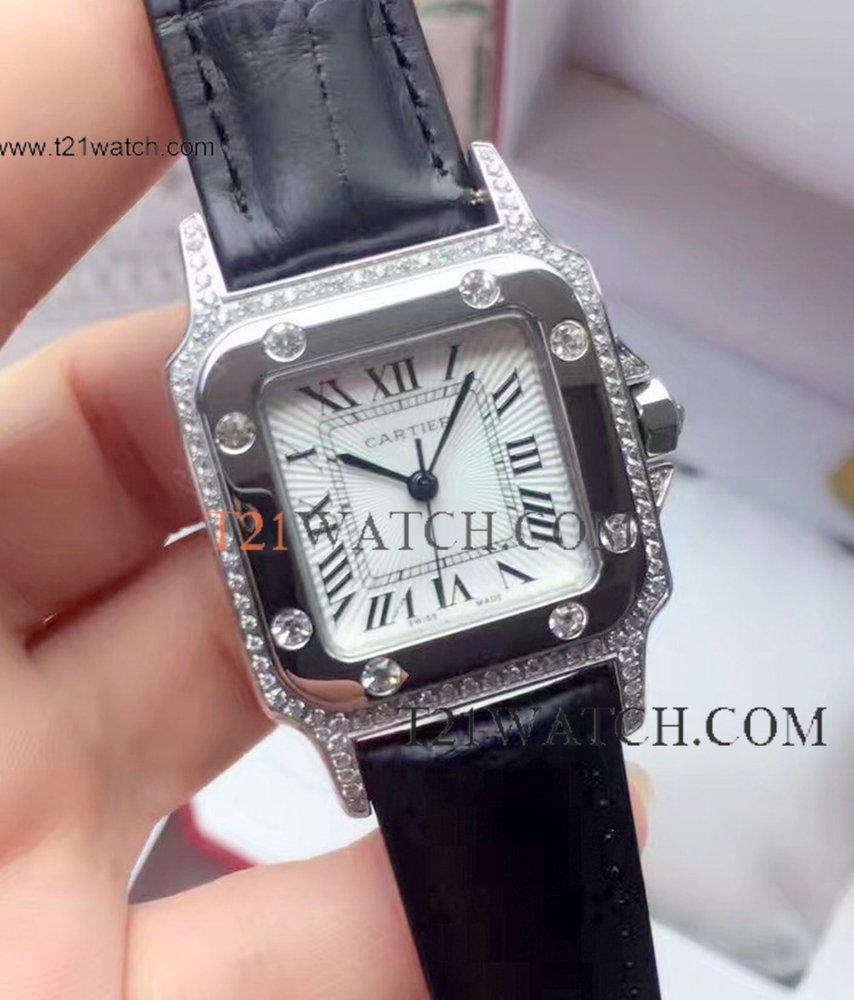 Cartier Santos Diamond Ladies Watch Copy Black Leather Band